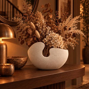 May include: A white ceramic vase with a textured, matte finish and a unique, asymmetrical, curved cutout design. The vase is filled with a dried floral arrangement featuring beige pampas grass, brown eucalyptus leaves, and small white flowers.