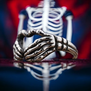 Til Death Skeleton Ring, Heart Shaped Gothic Vintage Aged Silver