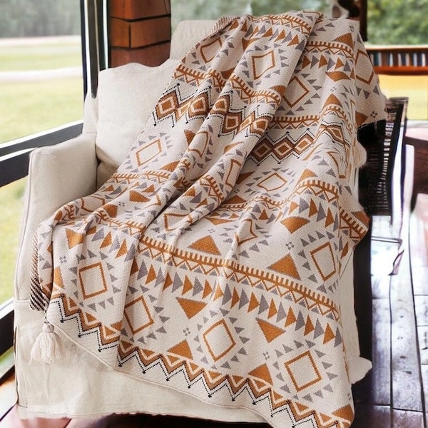 Cotton Aztec Bohemian Sweater Style Throw Blanket