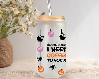 Hocus Pocus I need Coffee to Focus frosted glass drink cup will be a fun way to celebrate the season. 16 oz Libbey with bamboo lid