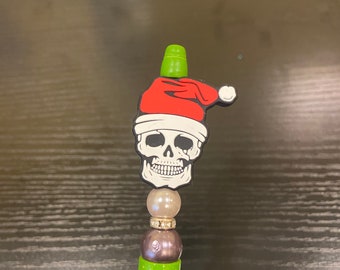 Skully Santa Beaded Pen is charm meets smooth writing: Hand beaded refillable Pen with fun silicon focal bead(1.0mm, Black ink)