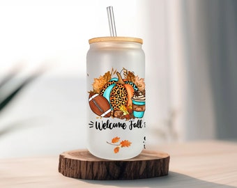 Welcome Fall with your new frosted glass drink cup with bamboo lid featuring  fun fall quotes on a16oz Libbey cup