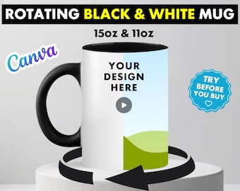 Rotating White mug with a BLACK handle 15oz & 11oz Rotating Mug Canva Template - Edit in CANVA