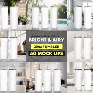 50 Bright & Airy 20z Tumbler Straight Mock Ups PNG File - Edit in CANVA, Photoshop, and More | 20 Backgrounds Mock Up Tumbler