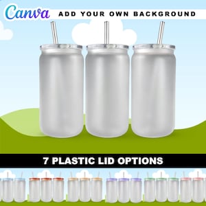 May include: Three frosted stainless steel tumblers with lids and straws. The tumblers are empty and have a white background. The text "ADD YOUR OWN BACKGROUND" is at the top of the image. Below the tumblers, the text "7 PLASTIC LID OPTIONS" is displayed. The image shows 15 tumblers with different colored lids.