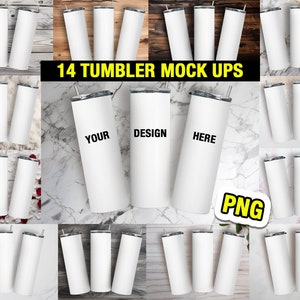 May include: 14 blank white stainless steel tumblers with lids and straws. The tumblers are arranged in a grid pattern on a marble surface and a wood surface. The text "14 TUMBLER MOCK UPS" is in yellow text on a black background. The text "YOUR DESIGN HERE" is in black text on a white background. The text "PNG" is in white text on a yellow background.
