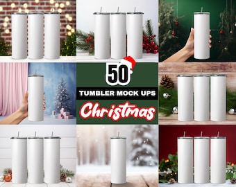 50 Christmas 20z Tumbler Straight Mock Ups PNG Files - Editable Canva Templates | 3 Straw Options | Adjustable Shadows