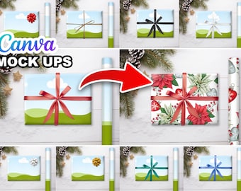 Wrapping Paper Canva MOCK UPS, 10 Bow Options, Add Your Own Background | Easy Drag & Drop Design | Video Tutorial Included