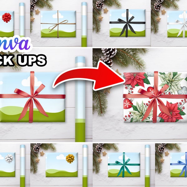 Wrapping Paper Canva MOCK UPS, 10 Bow Options, Add Your Own Background | Easy Drag & Drop Design | Video Tutorial Included