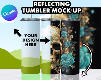 Reflecting Tumbler Mock Up on Marble - 20z Tumbler Straight Mock Ups - Editable Canva Templates | 3 Straw Options | Adjustable Shadows