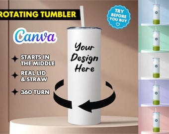 Rotating Tumbler, Lid and Straw Canva Preset Mock Up Template - 6 Background Colors  - Edit in CANVA