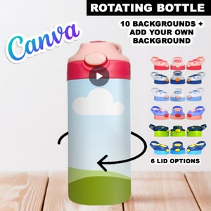 May include: A pink and blue water bottle with a white cloud design. The bottle has a rotating lid with 6 different lid options. The text "10 BACKGROUNDS + ADD YOUR OWN BACKGROUND" and "6 LID OPTIONS" is visible on the image.