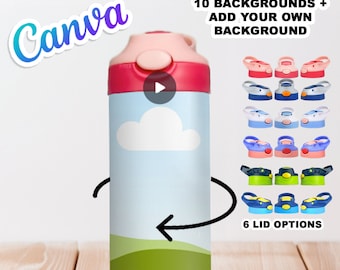 Rotating Flip Top Kids Bottle Canva Mock Up | 6 Lid Colors | Add Your Own Background + 11 Backgrounds - Video Tutorial Included