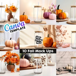 10 Fall Single Clear 16oz Libbey Glass Can Mock Ups Canva Templates - Edit in CANVA, 10 Backgrounds