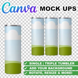 Puede incluir: Tres vasos de acero inoxidable con un fondo azul cielo y hierba verde en la parte inferior. Los vasos tienen una nube blanca en el cielo. El texto "SINGLE | TRIPLE TUMBLER", "ADD YOUR BACKGROUND" y "ROTATE, RESIZE & MORE!" es visible debajo de los vasos.