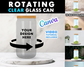 Rotating 16oz Clear Libbey Glass Can Canva Mock Up - Easy Edit in CANVA - Animated Libbey Glass Can