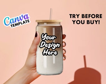 16oz Libbey Glass Can Mock Up Canva Template - Edit in CANVA, Hand Holding Glass Can Easy Mock Up