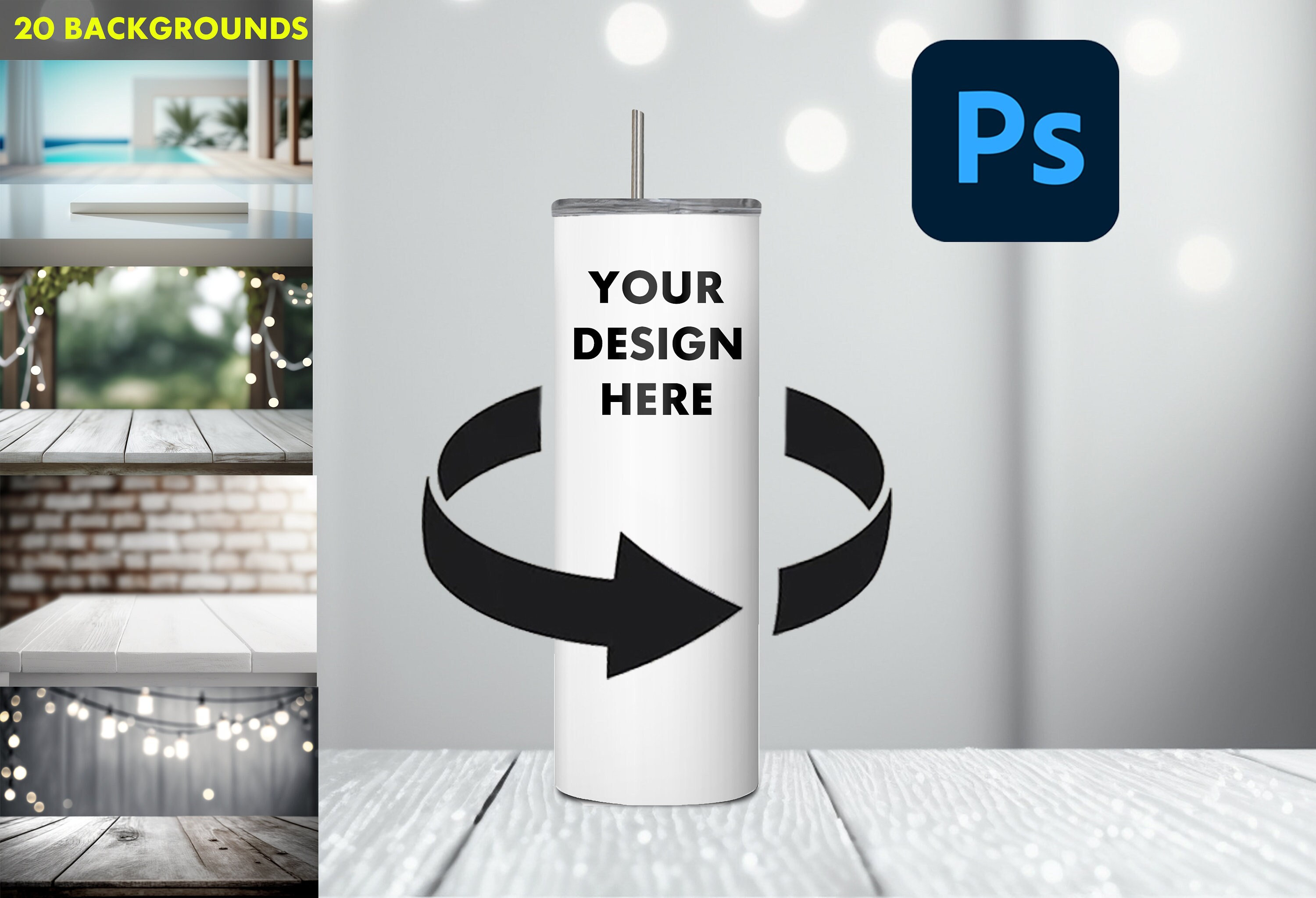 Rotating Tumbler Photoshop Template - 20 Different Backgrounds and Video Tutorial (No 3D Rendering)