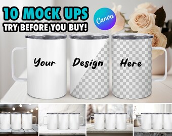 10 Different 16oz Tumbler with Handle Mock Up Canva Template - Try Before You Buy, Full Wrap, Shadows - Edit in CANVA
