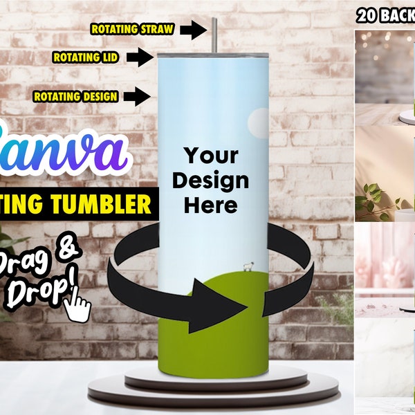 Rotating Tumbler, Lid and Straw Canva Preset Mock Up Template - 20 Backgrounds or Add Your Own Background - Edit in CANVA