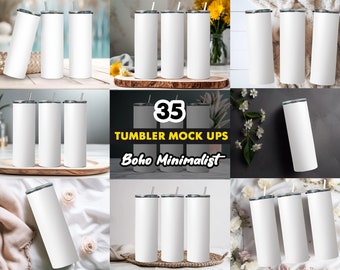 35 Different Boho Minimalist 20z Tumbler Straight Mock Ups PNG File - Edit in CANVA, Photoshop, and More | Silver & White Straws