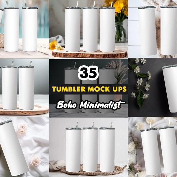 35 diversi file PNG Boho Minimalist 20z Tumbler Straight Mock Ups - Modifica in CANVA, Photoshop e altro / Cannucce argento e bianche