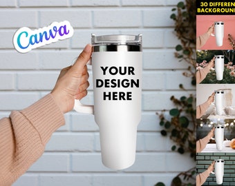 40z Tumbler Mock Up PNG Transparent File - Edit in CANVA, Photoshop, and More | 40oz Tumbler with Handle Mock Up