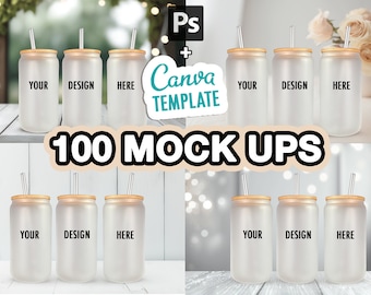 100 Frosted 16oz Libbey Glass Can Mock Ups Canva Templates AND PSD - Edit in CANVA, Photoshop, 100 Backgrounds