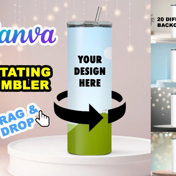 Geanimeerde Tumbler Canva Mock Up sjabloon 20 platformachtergronden - bewerken in CANVA - roterend Tumbler-ontwerp - roterende Canva-sjabloon