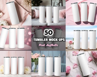 50 Different Pink 20z Tumbler Straight Mock Ups PNG File - Edit in CANVA, Photoshop, and More | 50 Backgrounds Realistic Mock Up Tumbler