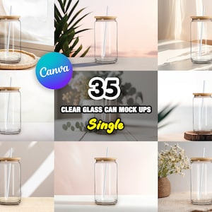 Könnte beinhalten: Ein Set mit 35 Mockups aus klarem Glas, jede mit einem Holzdeckel und einem Strohhalm. Die Dosen sind in einem Raster auf einem weißen Hintergrund angeordnet. Der Text "35 CLEAR GLASS CAN MOCK UPS Single" wird in der Mitte des Bildes angezeigt.