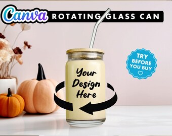Rotating 16oz Clear Libbey Glass Can Canva Mock Up - Easy Edit in CANVA - Spinning Libbey Glass Can Canva Smart Template