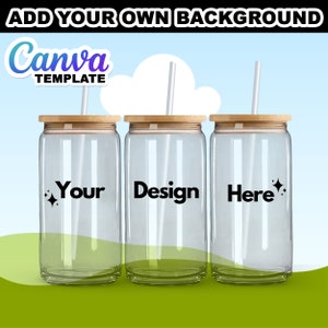 May include: Three clear glass tumblers with wooden lids and straws. The tumblers have black text that reads "Your", "Design", and "Here" with a small star design next to each word.