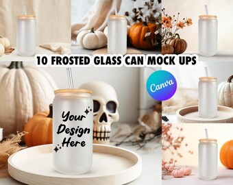10 Frosted 16oz Libbey Glass Can FALL Mock Ups Canva Templates - Edit in CANVA, 10 Backgrounds