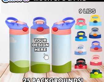 25 Flip Top Kids Bottle Mock Ups PNG Files - Editable Canva Templates | 6 Lid Options | Adjustable Shadows