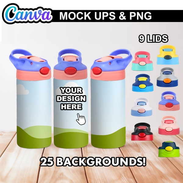 25 Flip Top Kids Bottle Mock Ups PNG Files - Editable Canva Templates | 6 Lid Options | Adjustable Shadows