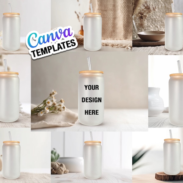 10 Frosted 16oz Libbey Glass Can Mock Ups Canva-sjablonen - Bewerken in CANVA, 10 achtergronden