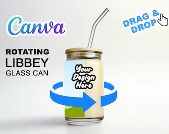 Rotating 16oz Clear Libbey Glass Can Canva Minimalist Mock Up - Easy Edit in CANVA - Spinning Libbey Glass Can Canva Smart Template
