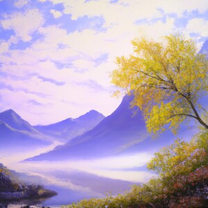 Painting of Mountain, trees, Lake