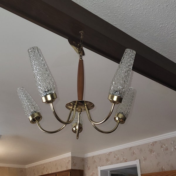 Danish-style MCM chandelier with diamond-point glass shades