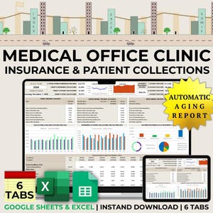 Może przedstawiać: Ekran komputera wyświetlający arkusz kalkulacyjny z tytułem "Medical Office Clinic Insurance & Patient Collections". Arkusz kalkulacyjny ma sześć zakładek, w tym "2004", "Index", "Excel" i "Summit". W prawym górnym rogu obrazu znajduje się żółty wybuch gwiazdy z tekstem "Automatic Aging Report". Obraz zawiera również czerwony prostokąt z tekstem "6 Tabs" i logo Google Sheets i Excel.