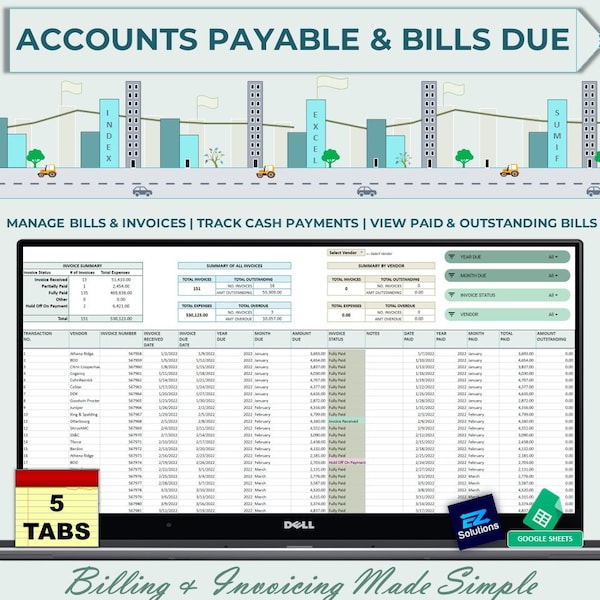 Accounts Payable, Bills Due, & Invoicing Google Sheets Tracker, Cash Payments and Expenses, Client Tracker, Invoice Manager, Small Business