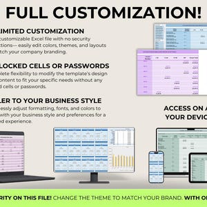 May include: A screenshot of a computer screen showing a spreadsheet with data and charts. The text on the screen says "FULL CUSTOMIZATION!" and lists features like "Unlimited Customization", "No Locked Cells or Passwords", and "Tailer to Your Business Style". The image also shows a laptop, a desktop computer, and a smartphone, all displaying the same spreadsheet. The text at the bottom of the image says "NO SECURITY ON THIS FILE! CHANGE THE THEME TO MATCH YOUR BRAND. WITH ONE CLICK!"