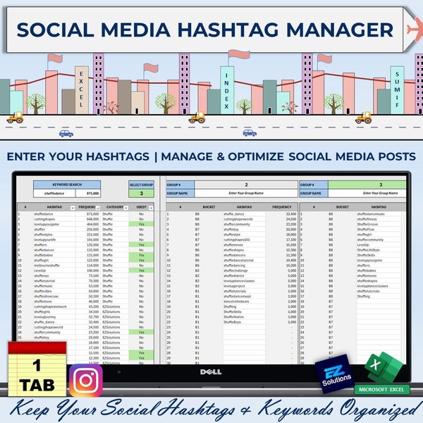 Social Media Hashtag and Keyword Manager, Excel Workbook, Instagram Content Planner, Social Media Optimization Manager, Instant Access