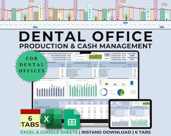 May include: A computer screen displaying a spreadsheet with the title "Dental Office Production & Cash Management". The spreadsheet has six tabs, including "Excel" and "Google Sheets". The image also includes a small circle with the text "For Dental Offices".