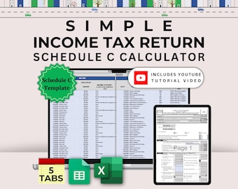 May include: A digital Simple Income Tax Return Schedule C Calculator spreadsheet template for Excel and Google Sheets. Includes a YouTube tutorial video, 5 tabs, and a visual preview of the tax form. The design features a city skyline graphic.