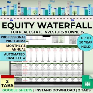 May include: A computer screen displaying a Google Sheet spreadsheet titled "Equity Waterfall for Real Estate Investors & Owners". The spreadsheet is divided into two tabs: "Professional Pro-Forma" and "Monthly & Annual". The spreadsheet is designed to calculate cash flow for up to 10 years.