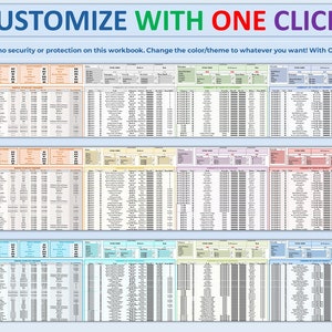 May include: A customizable spreadsheet with three sections, each with a different color scheme. The spreadsheet is titled "Customize with One Click!" and includes the text "There is no security or protection on this workbook. Change the color/theme to whatever you want! With One Click!"