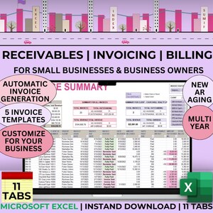 May include: A Microsoft Excel spreadsheet template for managing receivables, invoicing, and billing for small businesses. The spreadsheet has 11 tabs, including a summary tab, invoice generation, and a new AR aging tab. The spreadsheet is available for instant download.