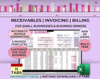 May include: A Microsoft Excel spreadsheet template for managing receivables, invoicing, and billing for small businesses. The spreadsheet has 11 tabs, including a summary tab, invoice generation, and a new AR aging tab. The spreadsheet is available for instant download.